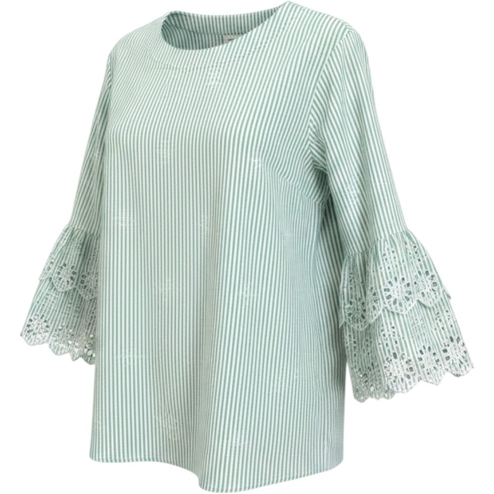 Green White Stripe cotton blend embroidered Eyelet 3/4 Sleeve Blouse Plus 2X